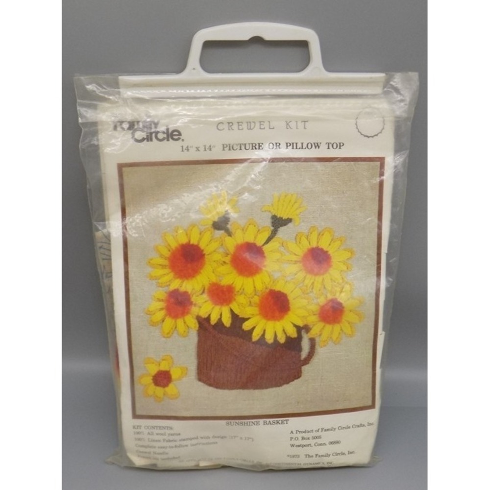 1973 Family Circle Sunshine Basket Crewel Kit Unused Complete Daisy Picture Vtg